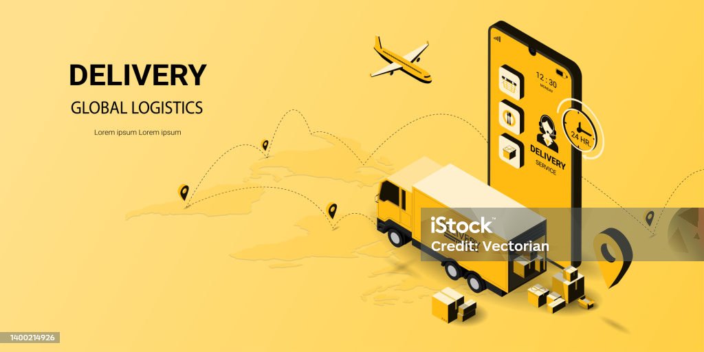 Delivery service online on smartphone or website, online order, Digital marketing. Truck, plane, warehouse and parcel box. Concept for website and banner. Isometric vector illustration